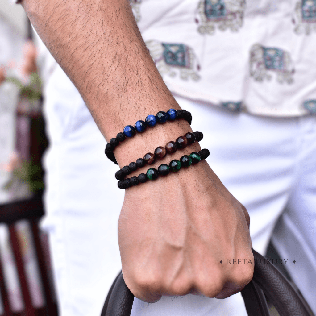 Blue Mountain - Lava And Blue Tiger Eye Bracelets -