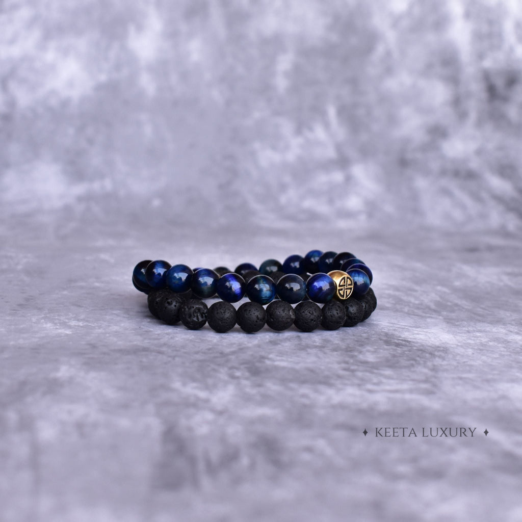 Dual Elemental - Blue Tiger's Eye & Lava Bead Bracelets -