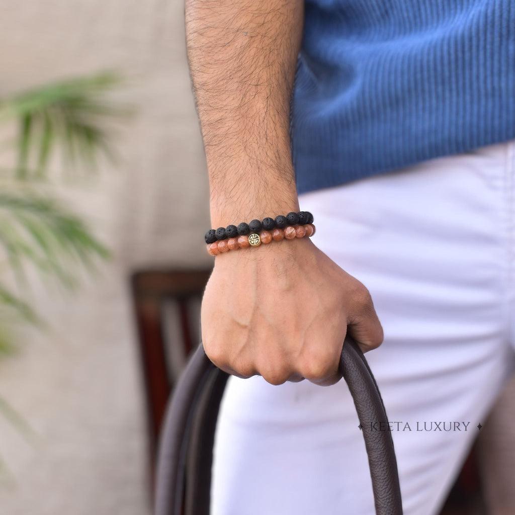 Dual Elemental - Sunstone & Lava Bead Bracelet -