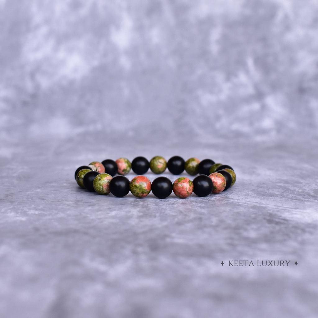 Earthy Elegance - Unakite Jasper & Black Onyx Bracelet -