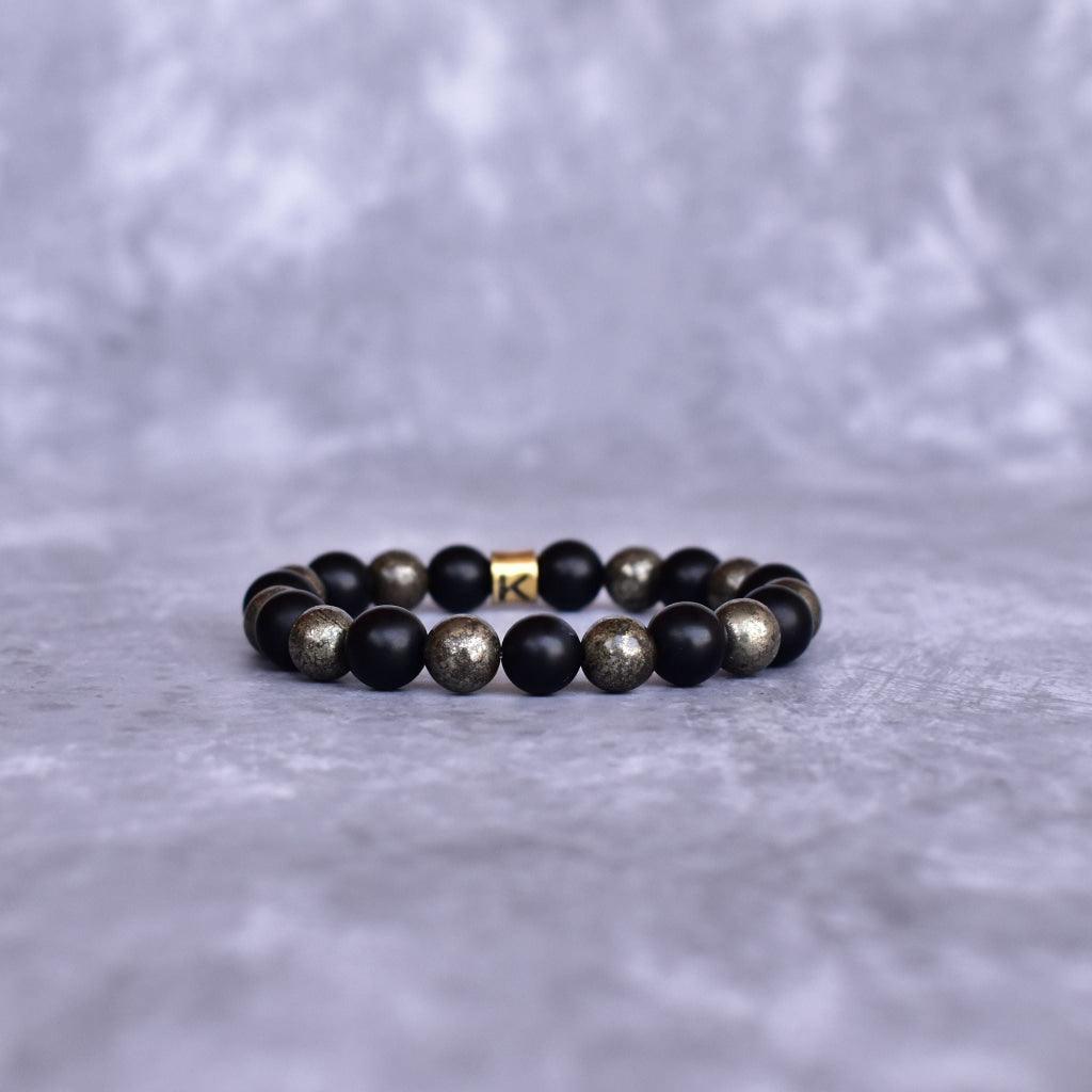Golden Eclipse - Pyrite & Onyx Bead Bracelet -