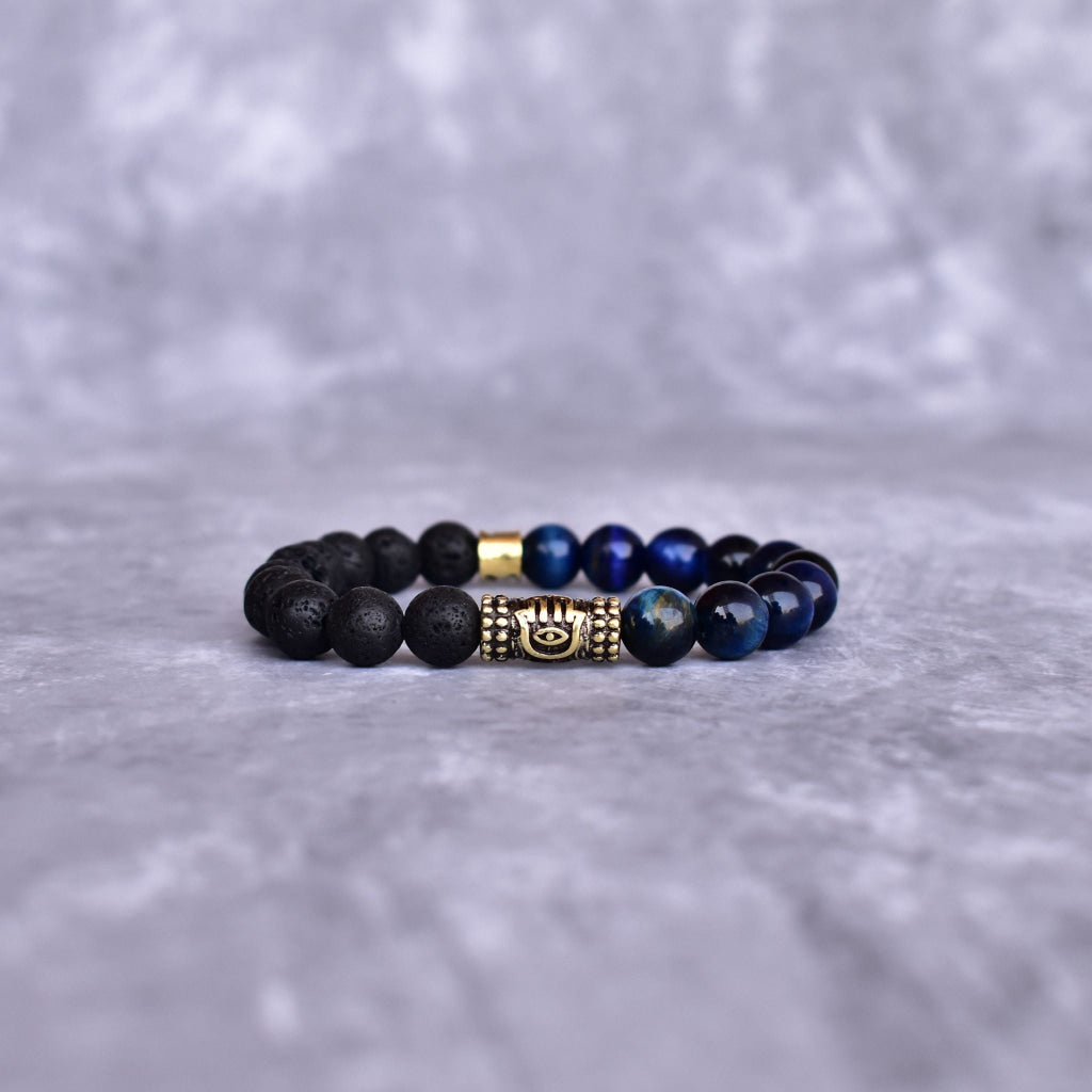 Hamsa Protection - Blue Tiger's Eye & Lava Bracelets -