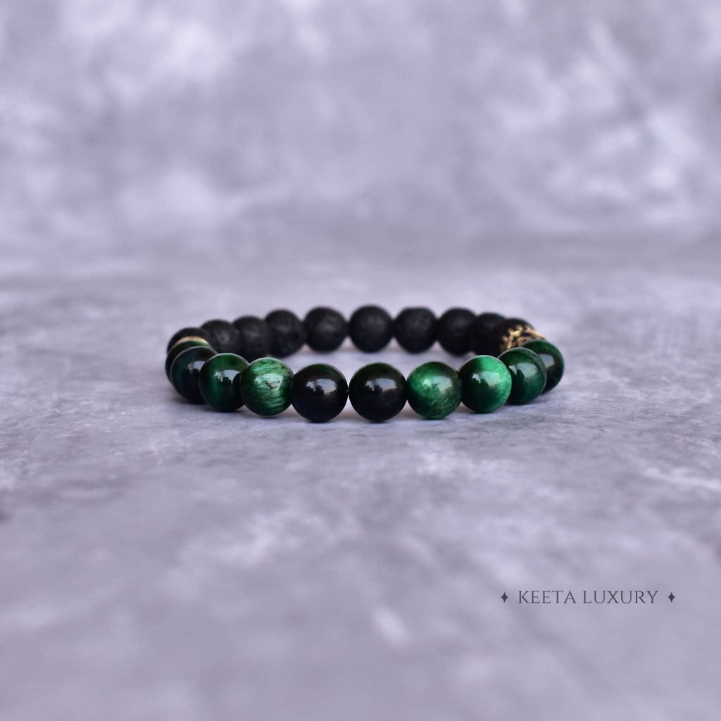 Hamsa Protection - Green Tiger's Eye & Lava Bracelets -