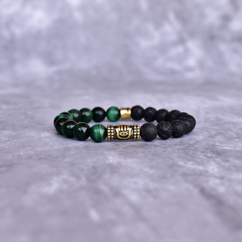 Hamsa Protection - Green Tiger's Eye & Lava Bracelets -