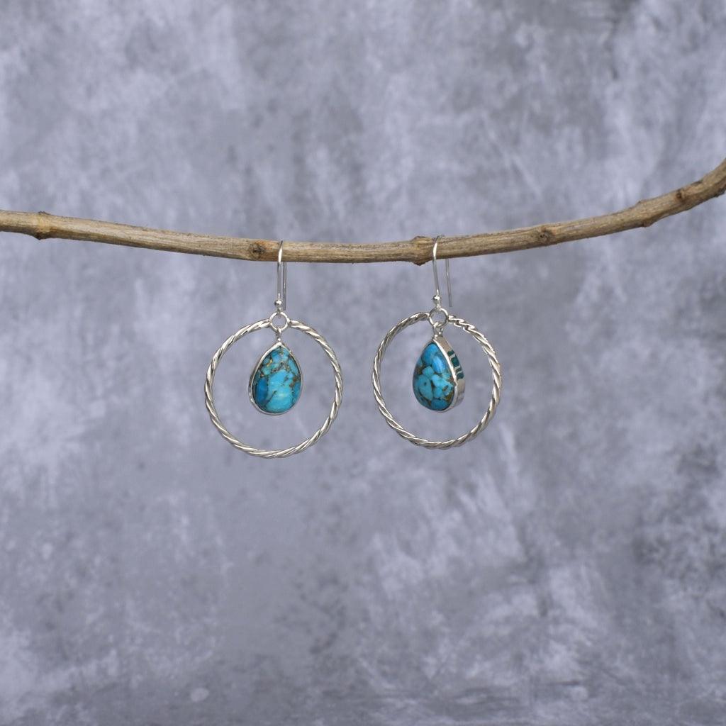 Twisted Pear - Copper Turquoise Hoop Earrings -
