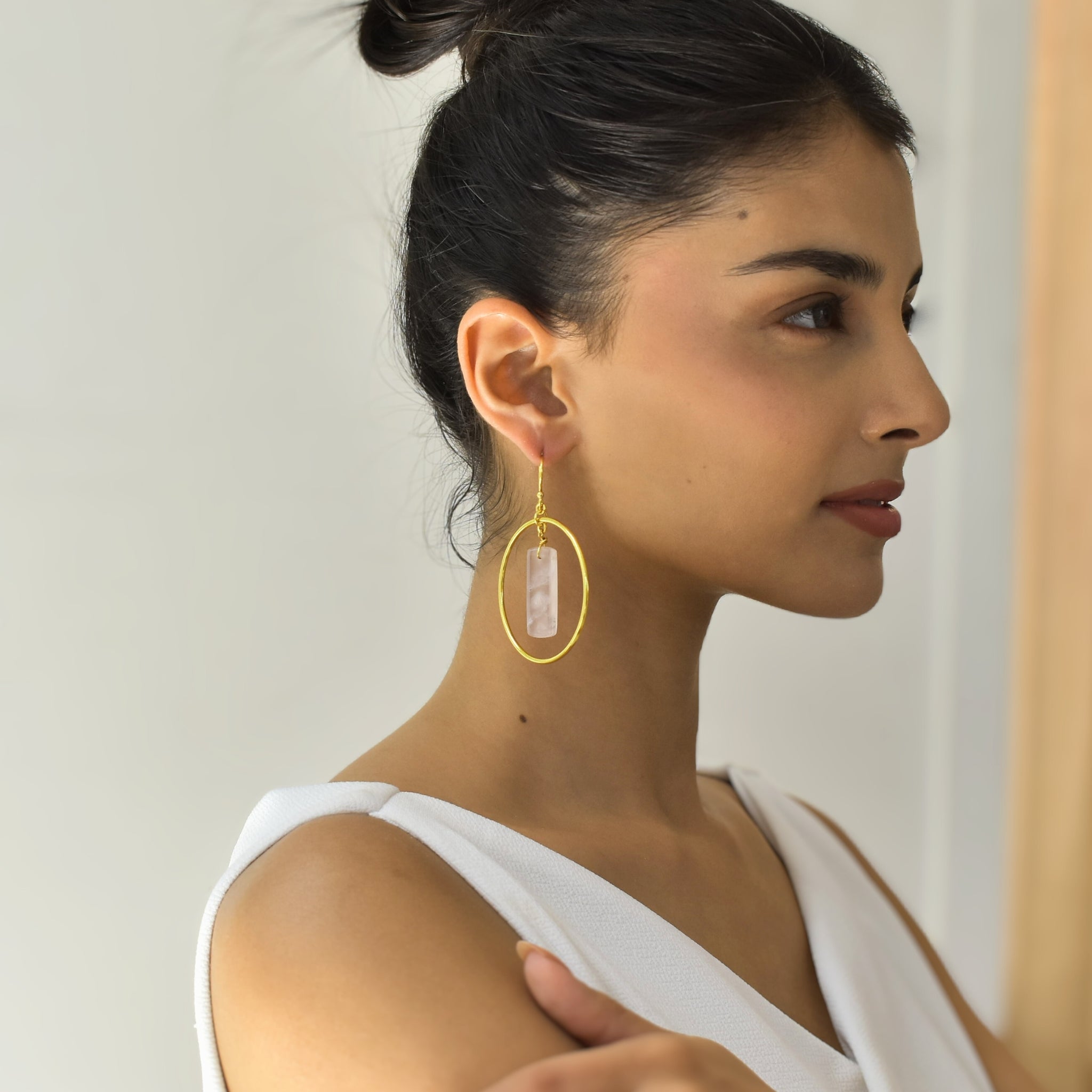 Pillar Hoop - Rose Quartz Earrings