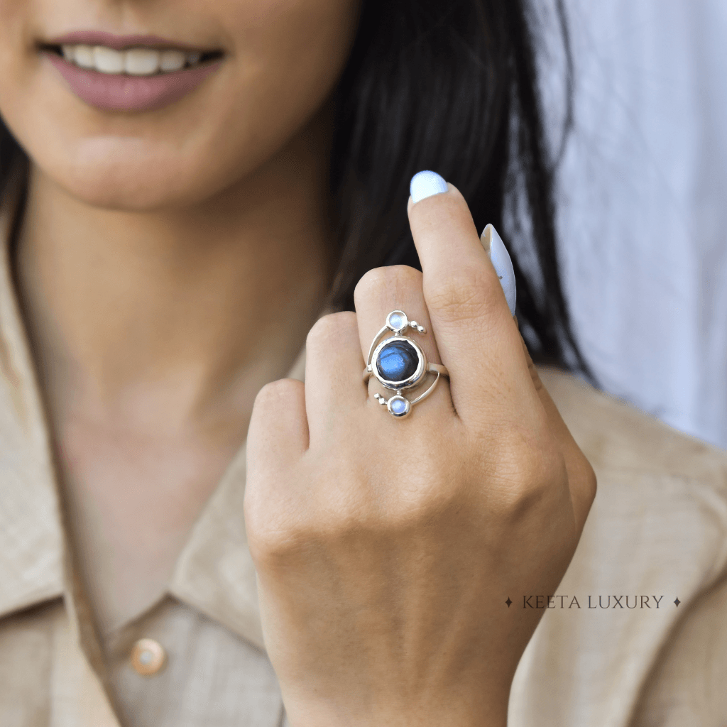 Cosmic Duet - Moonstone & Labradorite Ring -