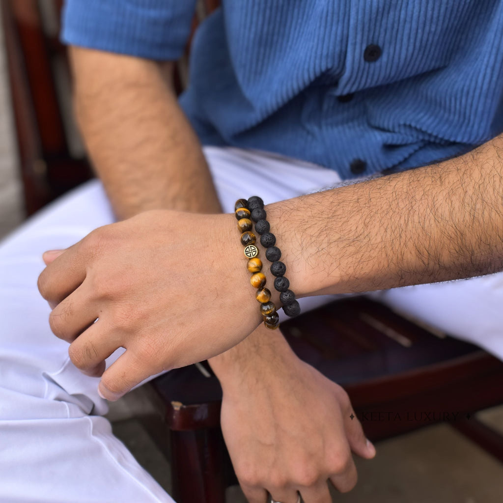 Dual Elemental - Tiger's Eye and Lava bead Bracelet -