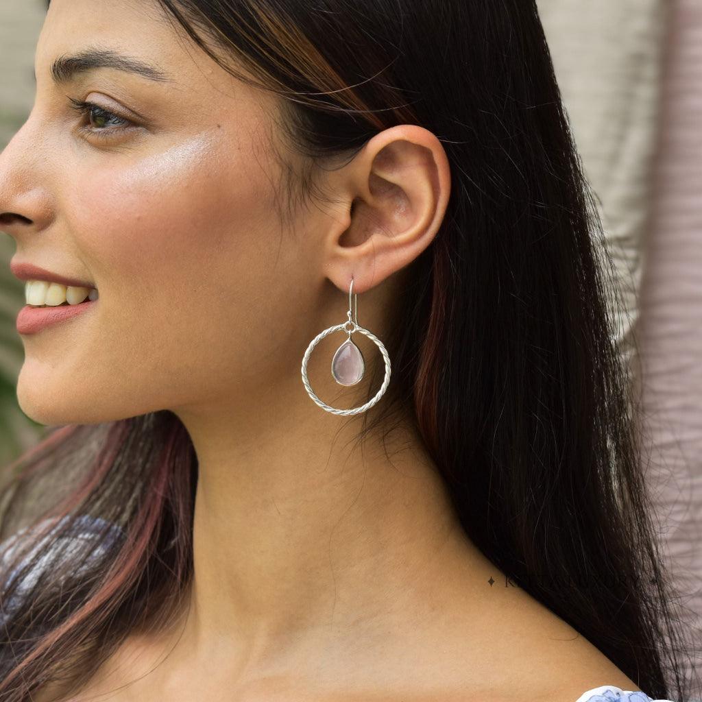 Twisted Pear - Rose Quartz Hoops Earrings -