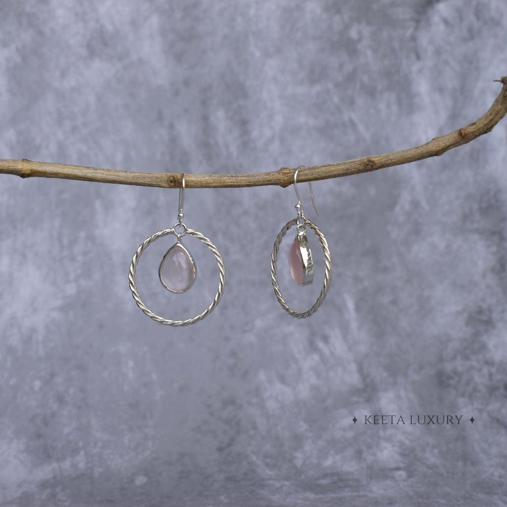 Twisted Pear - Rose Quartz Hoops Earrings -