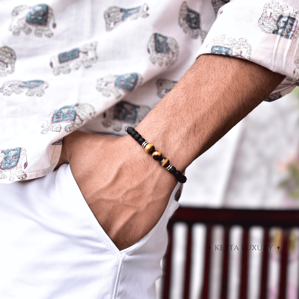 Yellow Atlantis - Black Lava And Tiger Eye Bracelets -