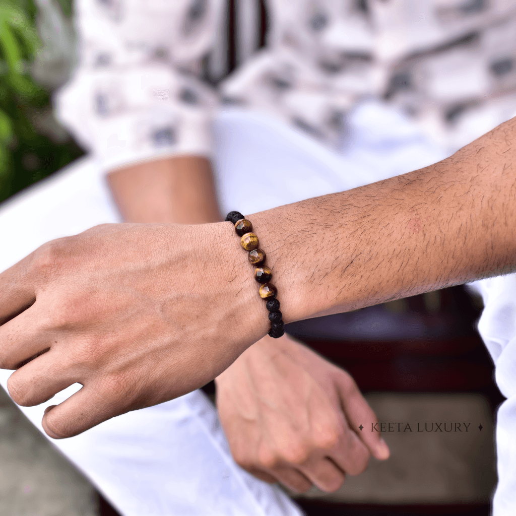 Yellow Jaguar- Lava And Tiger Eye Bracelets -